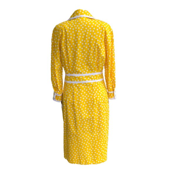 Vtg ADELE SIMPSON 80s Does 50s/60s Polka Dot Yellow White Wiggle Pencil Dress - Picture 7 of 16